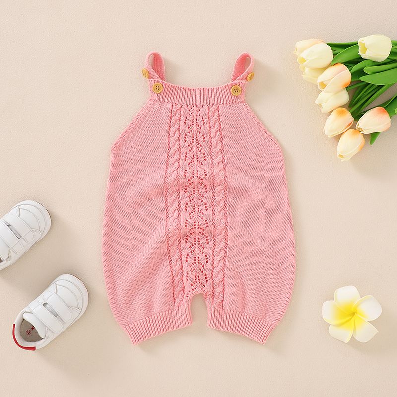 100% Cotton 2pcs Baby Boy/Girl Solid Knitted Hollow Out Sleeveless Romper with Hat Set Pink big image 3