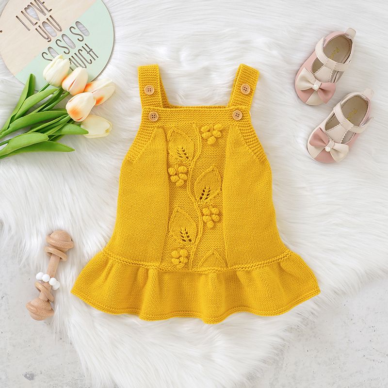 Baby Girl Button Design Solid Knitted Ruffle Hem Overall Dress Yellow