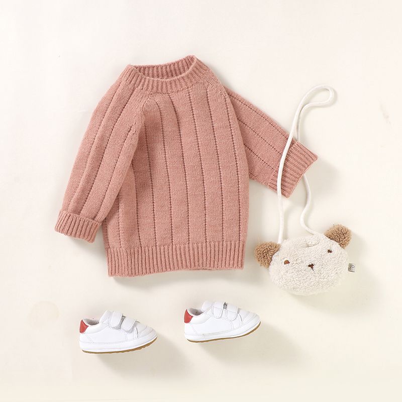 Baby Boy/Girl Solid Round Neck  Long-sleeve Knitted Pullover Sweater Pink big image 3