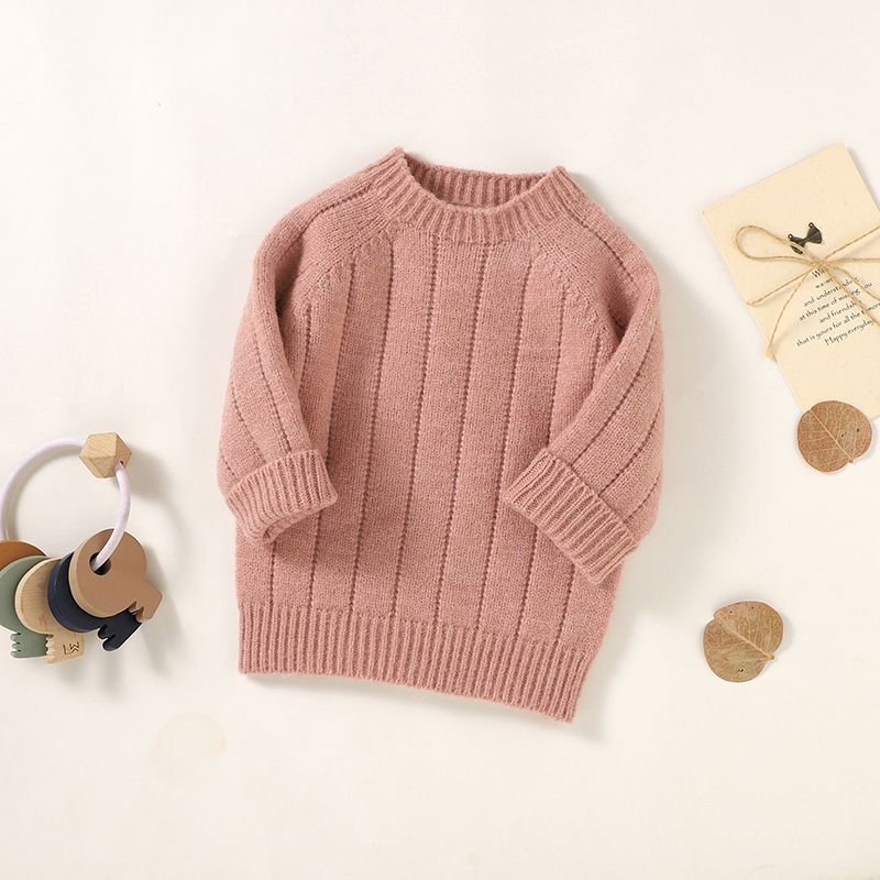 Baby Boy/Girl Solid Round Neck  Long-sleeve Knitted Pullover Sweater Pink big image 1
