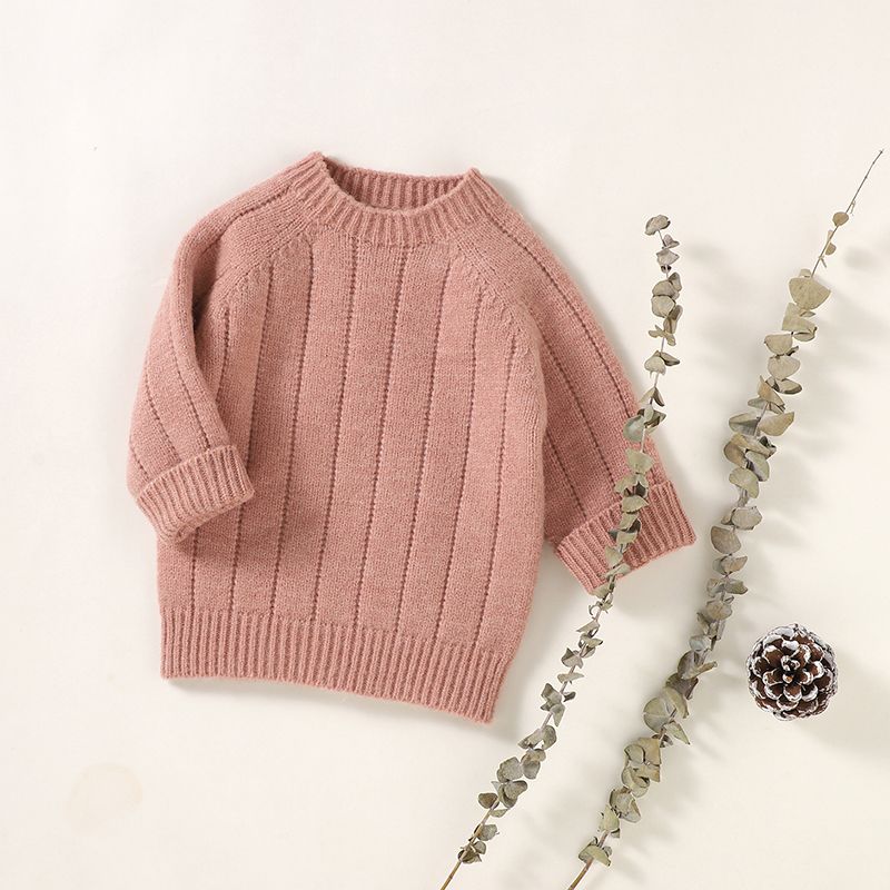 Baby Boy/Girl Solid Round Neck  Long-sleeve Knitted Pullover Sweater Pink big image 4