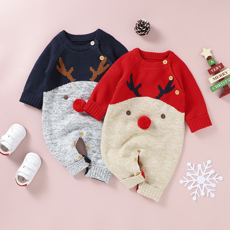 Christmas Baby Boy/Girl Deer Graphic 3D Nose Detail Long-sleeve Knitted Jumpsuit Red big image 3