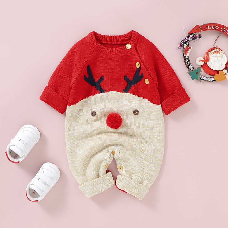 Christmas Baby Boy/Girl Deer Graphic 3D Nose Detail Long-sleeve Knitted Jumpsuit Red big image 1