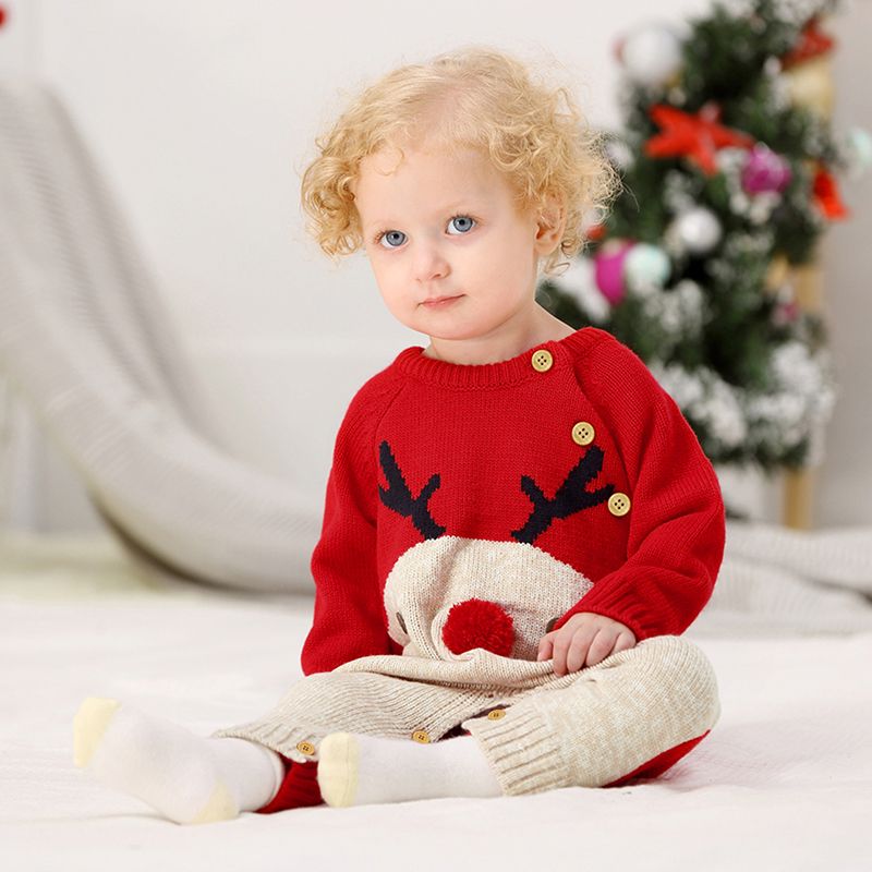 Christmas Baby Boy/Girl Deer Graphic 3D Nose Detail Long-sleeve Knitted Jumpsuit Red big image 2