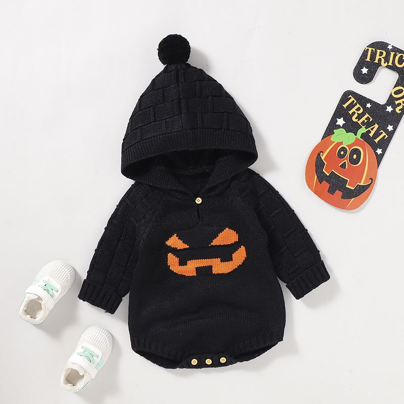 Halloween Baby Boy/Girl Pumpkin Graphic Pom-pom Hooded Long-sleeve Knitted Romper Black big image 1