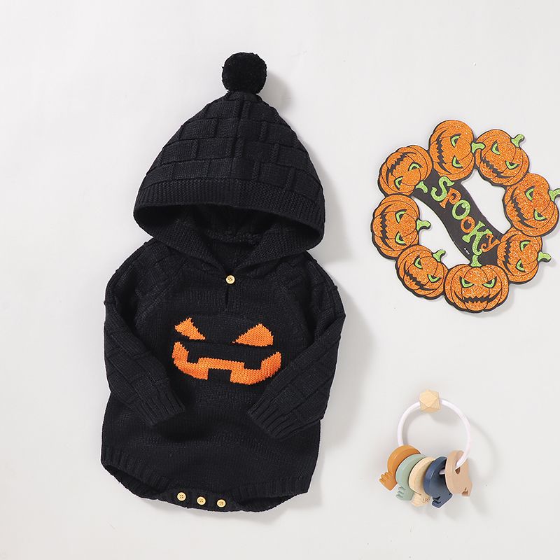 Halloween Baby Boy/Girl Pumpkin Graphic Pom-pom Hooded Long-sleeve Knitted Romper Black big image 2