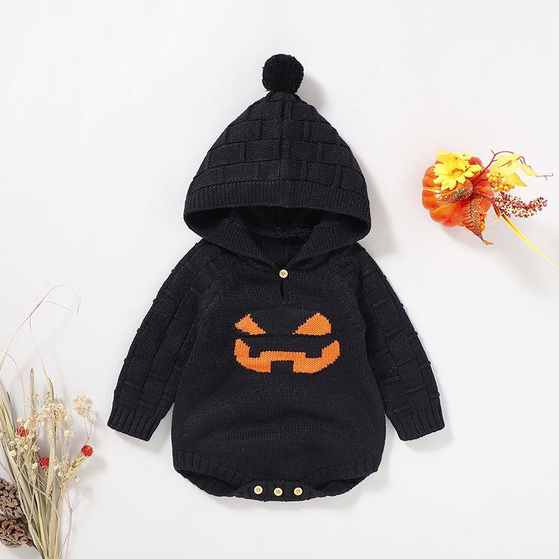 Halloween Baby Boy/Girl Pumpkin Graphic Pom-pom Hooded Long-sleeve Knitted Romper Black big image 3