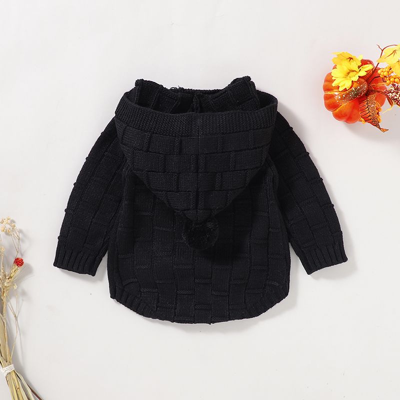 Halloween Baby Boy/Girl Pumpkin Graphic Pom-pom Hooded Long-sleeve Knitted Romper Black big image 4