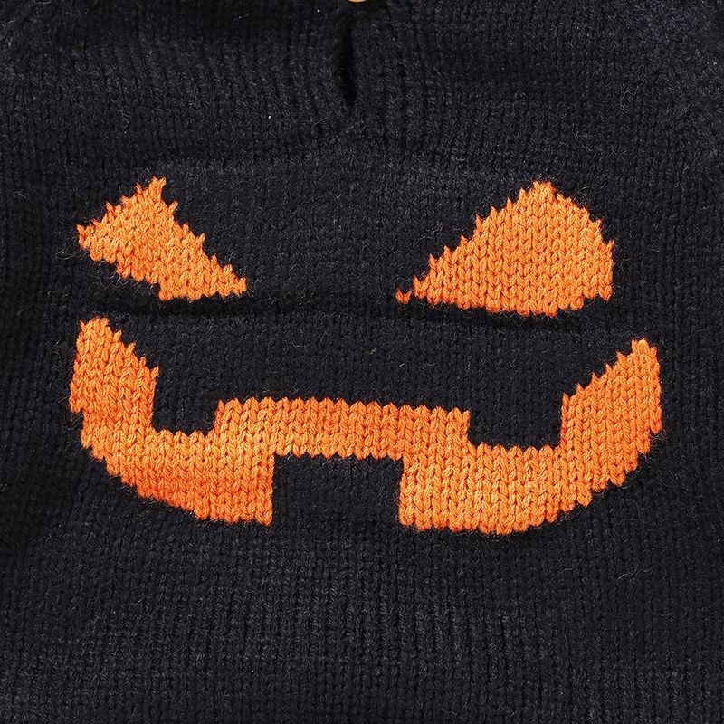 Halloween Baby Boy/Girl Pumpkin Graphic Pom-pom Hooded Long-sleeve Knitted Romper Black big image 7