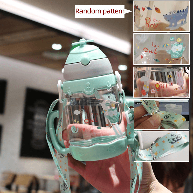 450ML Straw Water Cup Water Bottle with Scale Cartoon Portable Straw Water Bottle Sippy Cup with Lanyard (Random Graphic) Light Green