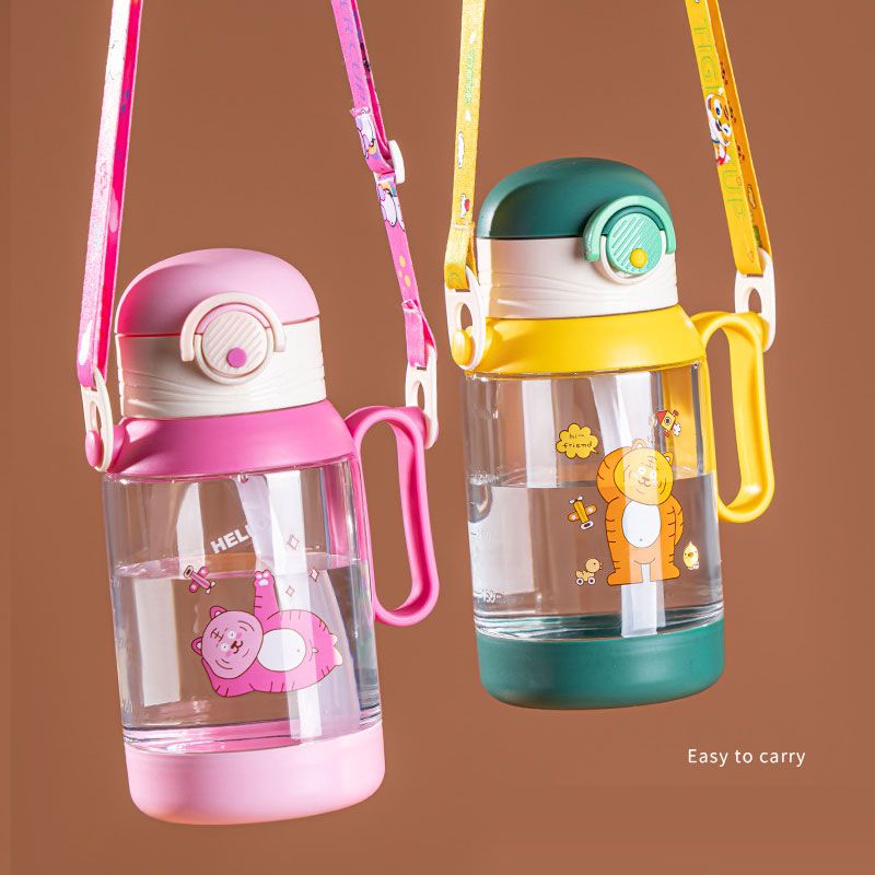 500ml bonito padrão de desenho animado para crianças garrafa de água de palha de plástico portátil e destacável garrafa de água com cordão Rosa big image 3