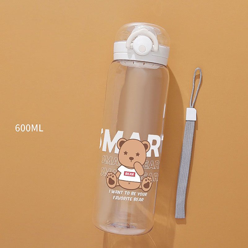 600ML Kids Cartoon Cute Bear Print Water Bottle with Leak Proof Flip Top Lid Outdoor Portable Cup for Girls and Boys White
