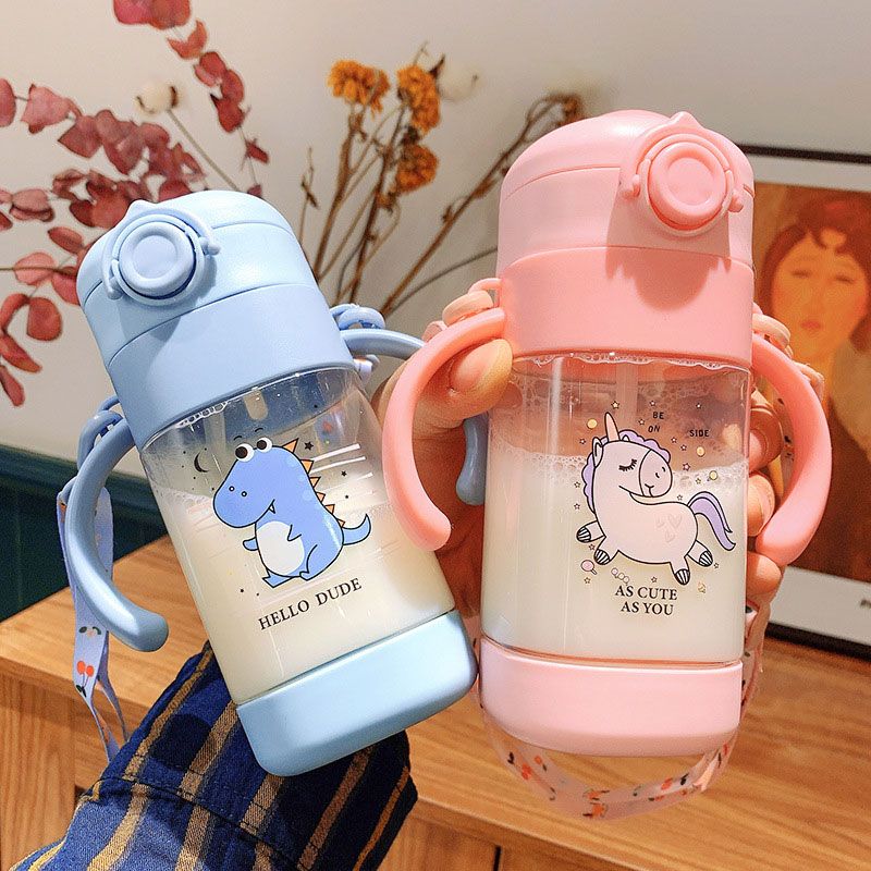 Garrafa de água de palha infantil de 360 ml, desenho animado dinossauro unicórnio, copo de canudinho com alça fácil de usar Rosa big image 2