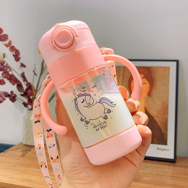 Garrafa de água de palha infantil de 360 ml, desenho animado dinossauro unicórnio, copo de canudinho com alça fácil de usar Rosa big image 3