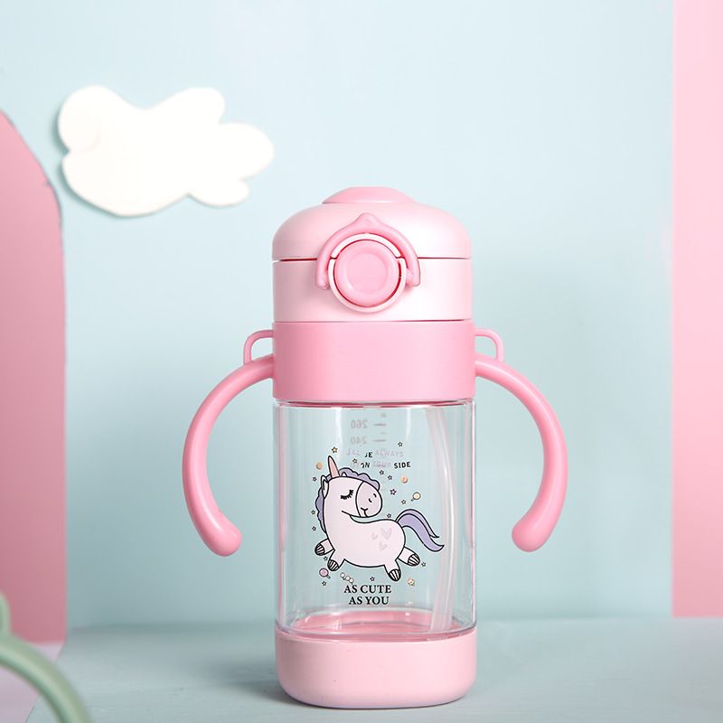 Garrafa de água de palha infantil de 360 ml, desenho animado dinossauro unicórnio, copo de canudinho com alça fácil de usar Rosa big image 4