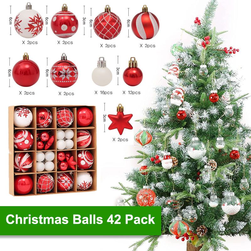 42-pack/44-pack Christmas Ball Ornaments Set with Stuffed Delicate Glittering Decorations for Xmas Tree Wreath Garland Decor Red