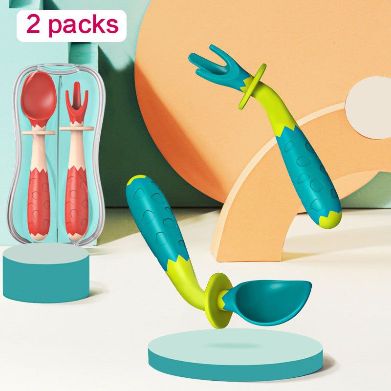 2-pack Baby Utensils Spoon Fork Set Easy Grip Bendable Self Feeding Spoons Forks Utensils Green big image 2