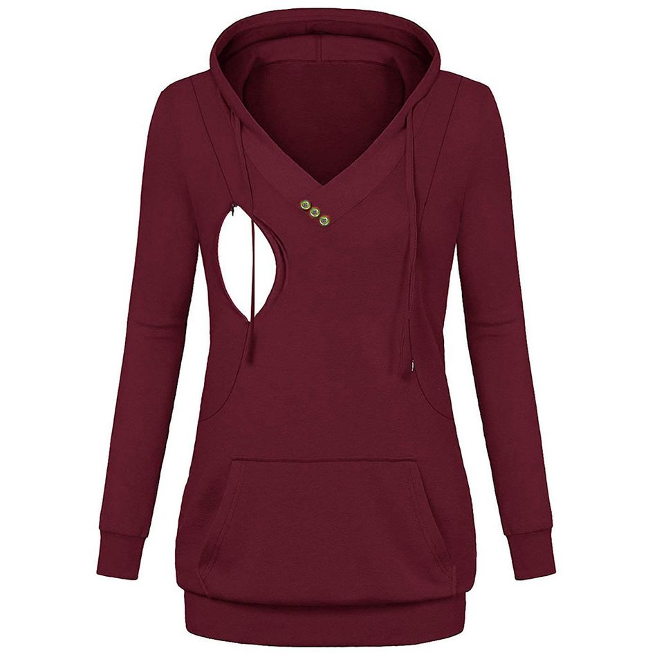 Stylish Plaid Long-sleeve Nursing Hoodie Burgundy big image 1