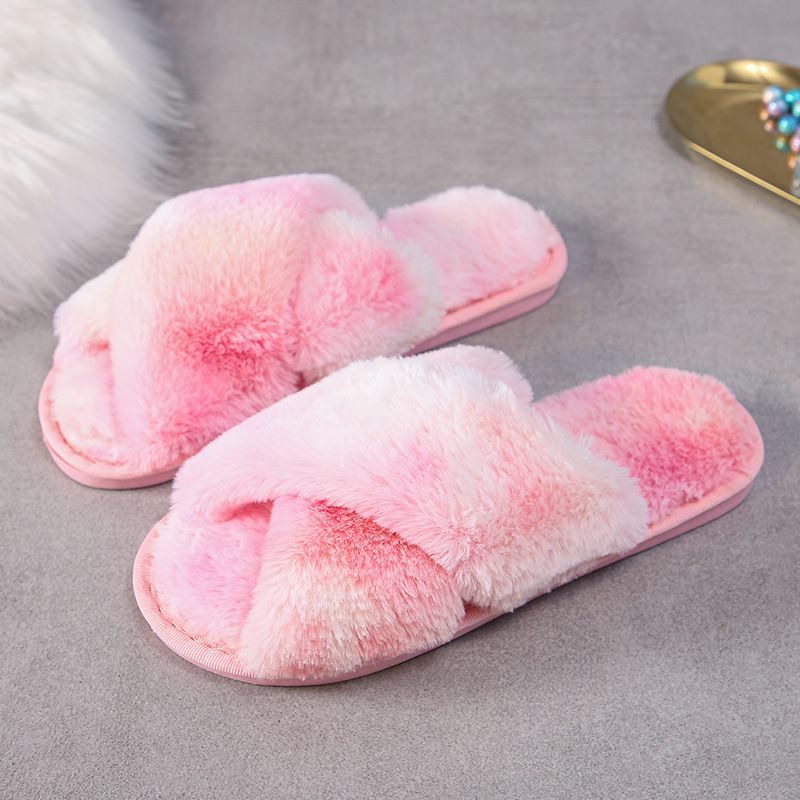 Women's Rainbow Tie-dye Cross Band Soft Plush House Indoor or Outdoor Slippers Pink