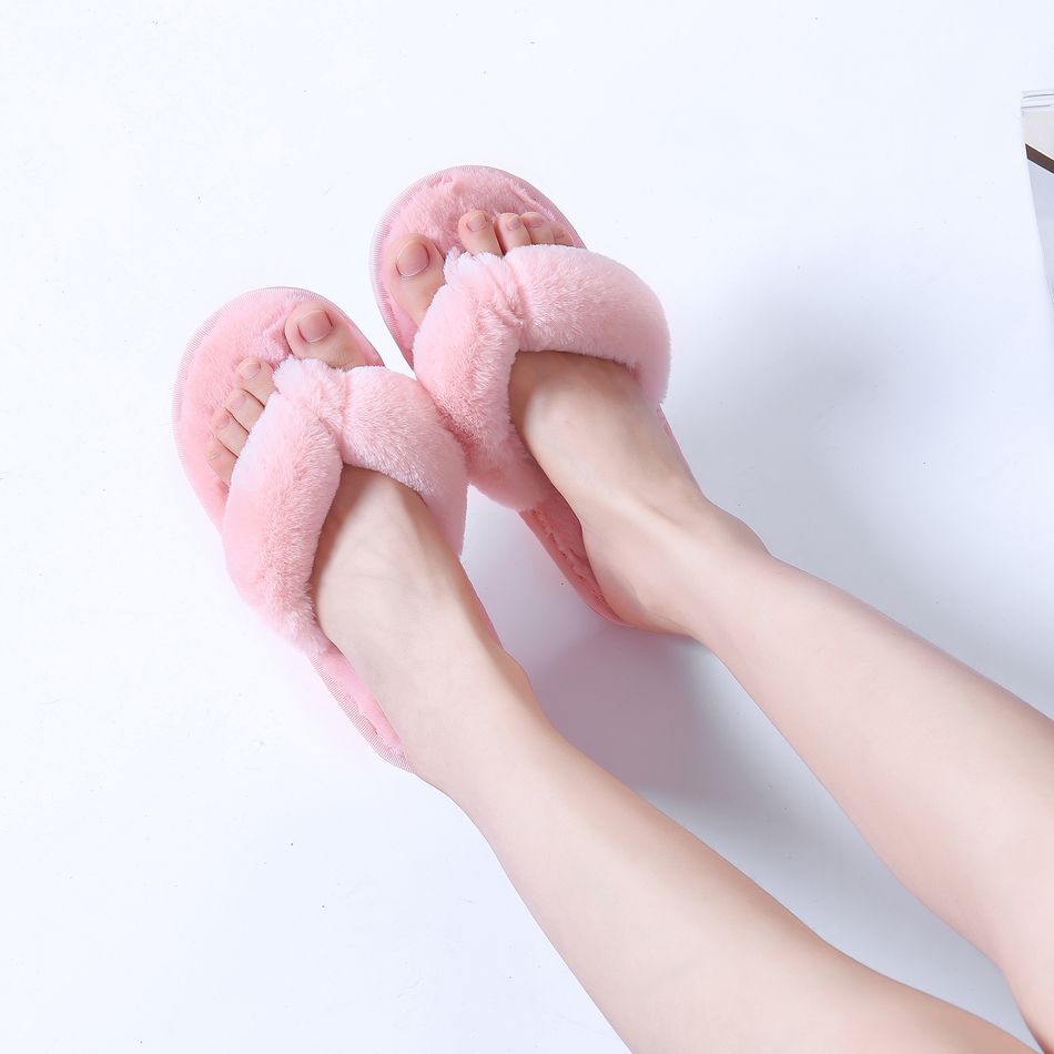 Indoor Thong Slippers for Women Open Toe Slide On Plush Anti Slip Flip Flops Pink
