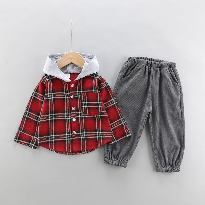 2-piece Toddler Girl/Boy Button Deign Plaid Hoodie and Elasticized Solid Gray Corduroy Pants Set Red big image 2