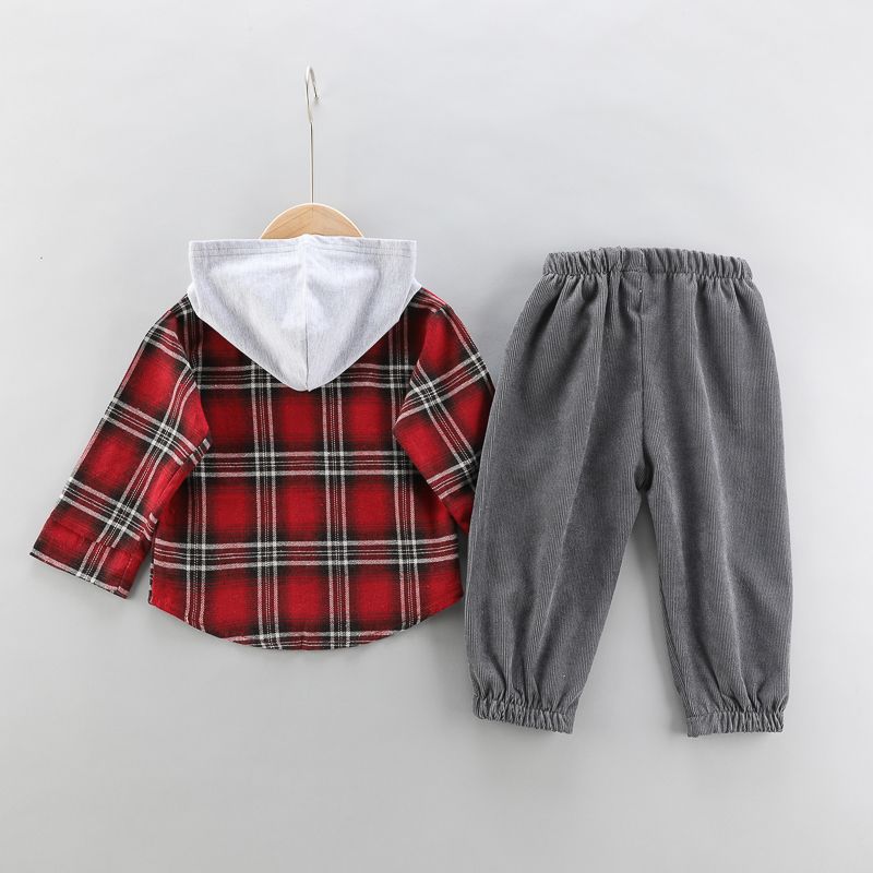 2-piece Toddler Girl/Boy Button Deign Plaid Hoodie and Elasticized Solid Gray Corduroy Pants Set Red big image 3