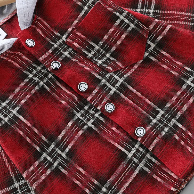 2-piece Toddler Girl/Boy Button Deign Plaid Hoodie and Elasticized Solid Gray Corduroy Pants Set Red big image 4