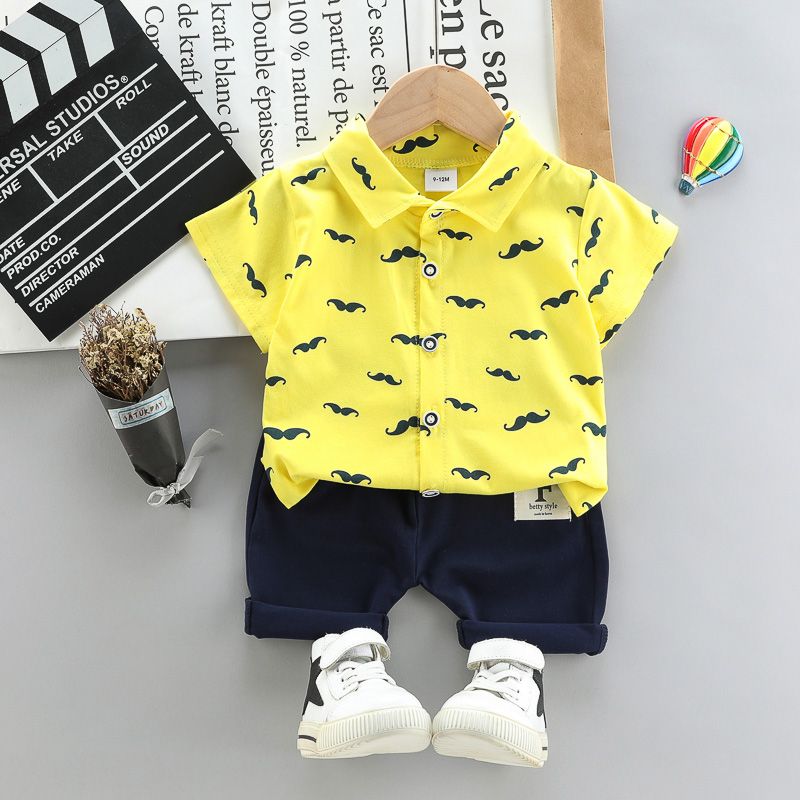 2pcs Moustache Pattern Polo Collar Short-sleeve Baby Set Yellow
