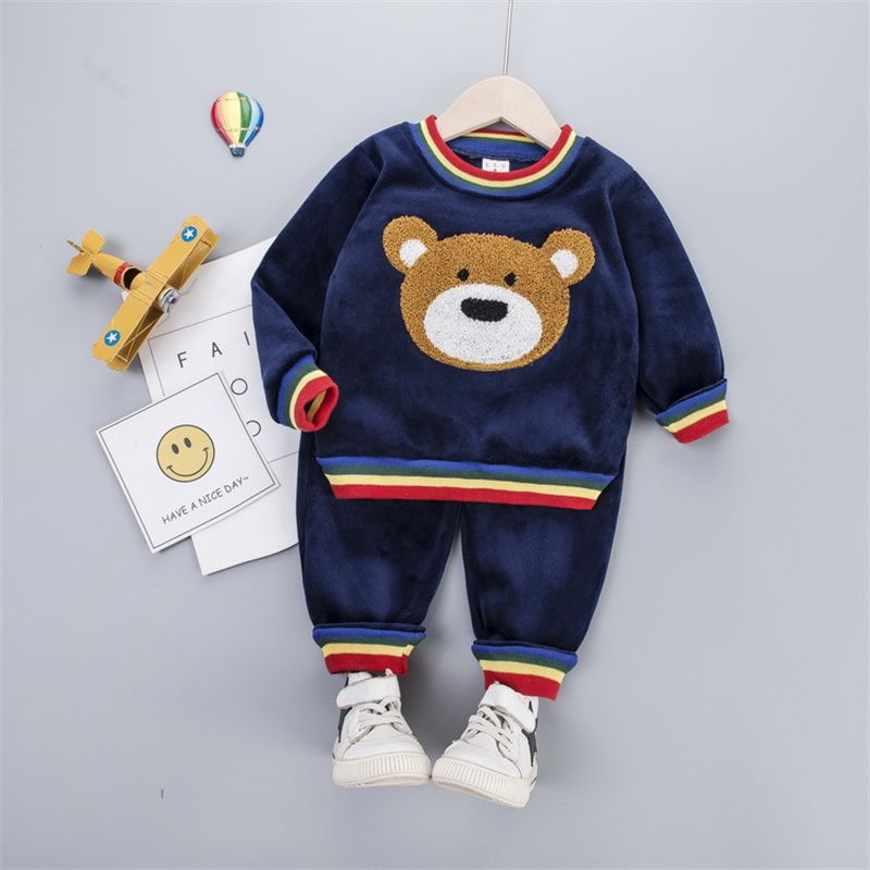 2-piece Toddler Girl/Boy Bear Pattern Striped Pullover and Elasticized Pants Set Dark Blue