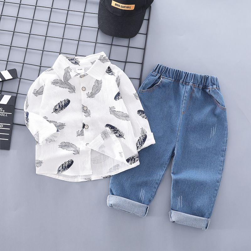 2-piece Toddler Boy Feather Print Button Design Shirt and Solid Pants Set White