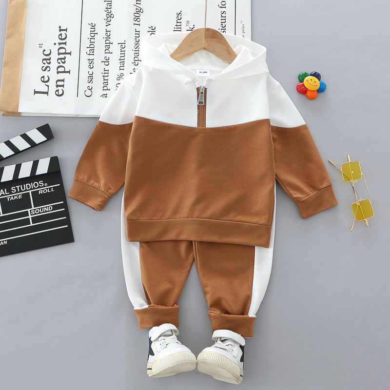 2-piece Toddler Boy Letter Print Colorblock Zipper Hoodie Sweatshirt and Pants Set Brown