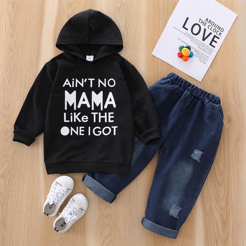 2-piece Toddler Boy Letter Print Hoodie Sweatshirt and Ripped Denim Jeans Set Black