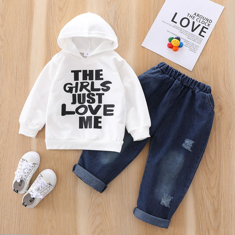 2-piece Toddler Boy Letter Print Hoodie Sweatshirt and Ripped Denim Jeans Set White