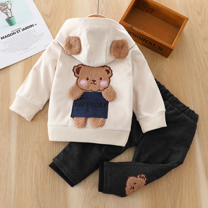 2pcs Baby Cartoon Bear Pattern Long-sleeve Hoodie and Trousers Set White big image 10