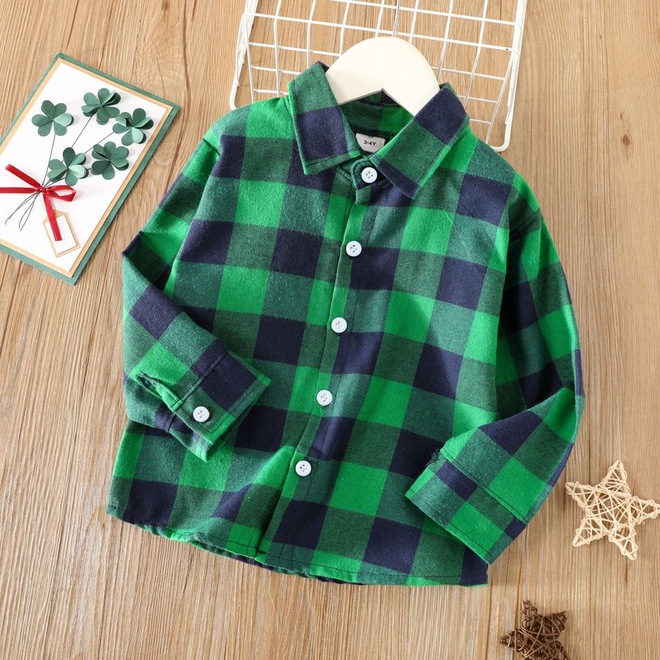 St. Patrick's Day Toddler Boy Lapel Collar Long-sleeve Green Plaid Shirt Green