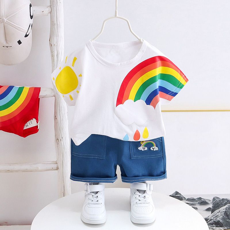 2pcs Toddler Boy/Girl Playful Denim Shorts & Rainbow Sun Print Tee Set White