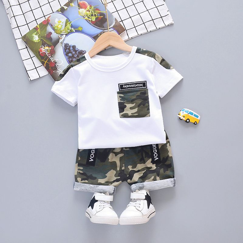 2pcs Toddler Boy Casual Camouflage Letter Print Tee and Shorts Set White