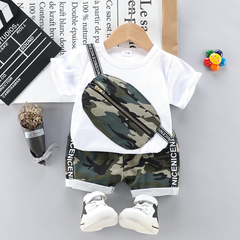 2pcs Toddler Boy Casual Camouflage Print Bag Design Tee & Letter Print Shorts Set White big image 1