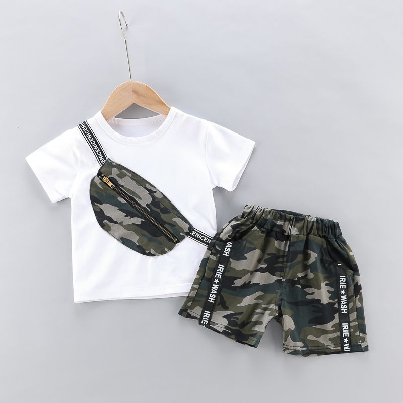 2pcs Toddler Boy Casual Camouflage Print Bag Design Tee & Letter Print Shorts Set White big image 2