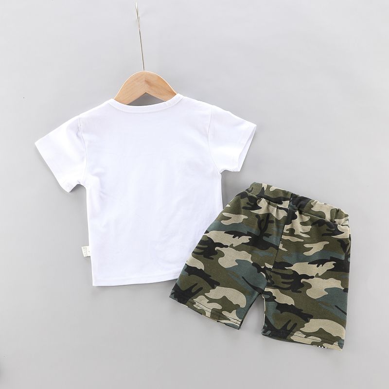 2pcs Toddler Boy Casual Camouflage Print Bag Design Tee & Letter Print Shorts Set White big image 3