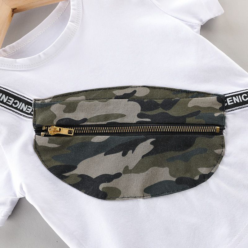 2pcs Toddler Boy Casual Camouflage Print Bag Design Tee & Letter Print Shorts Set White big image 4