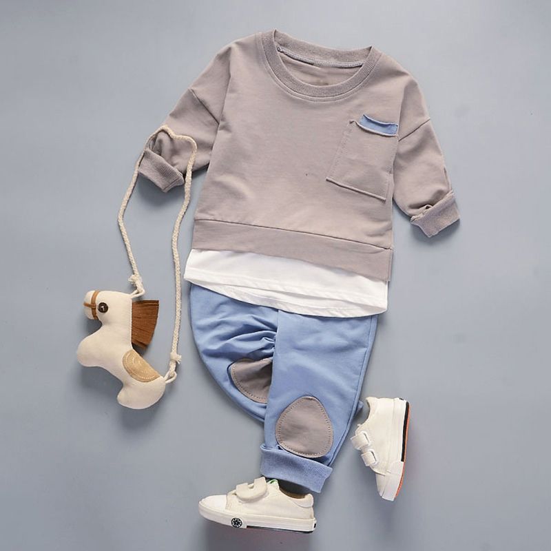 2-piece Toddler Girl/Boy Letter Print Faux-two Pullover and Patchwork Pants Set Khaki