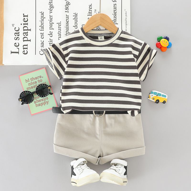 Ready For It Toddler Boy 2pcs Striped Short-sleeve Grey or Khaki T-shirt Top and Solid Shorts with Belt Set Dark Grey