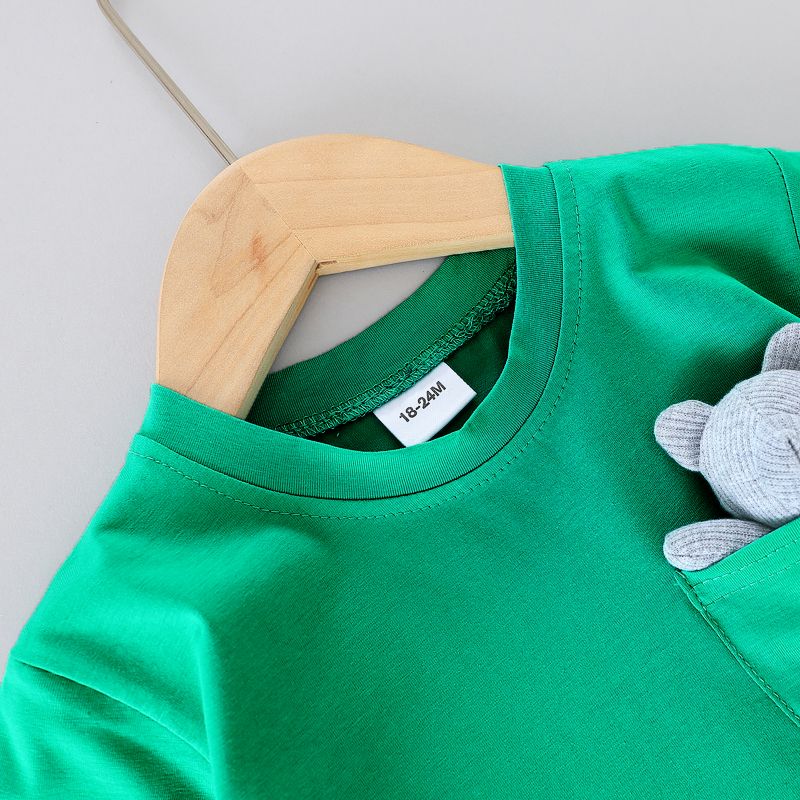 2pcs Toddler Boy Playful Bear Doll Pocket Design Tee and Ripped Denim Shorts Set Green big image 3