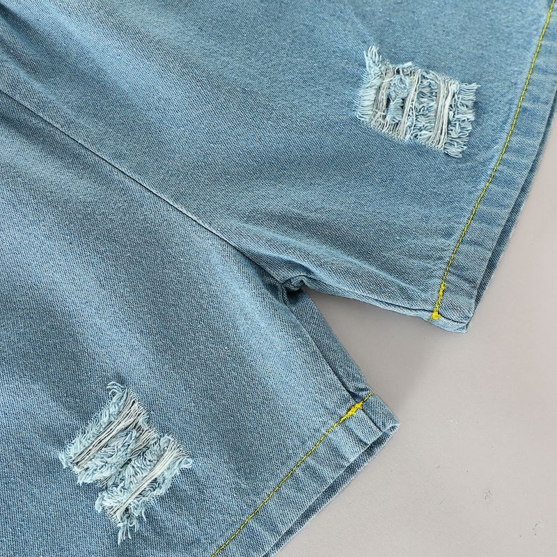 2pcs Toddler Boy Playful Bear Doll Pocket Design Tee and Ripped Denim Shorts Set Green big image 7