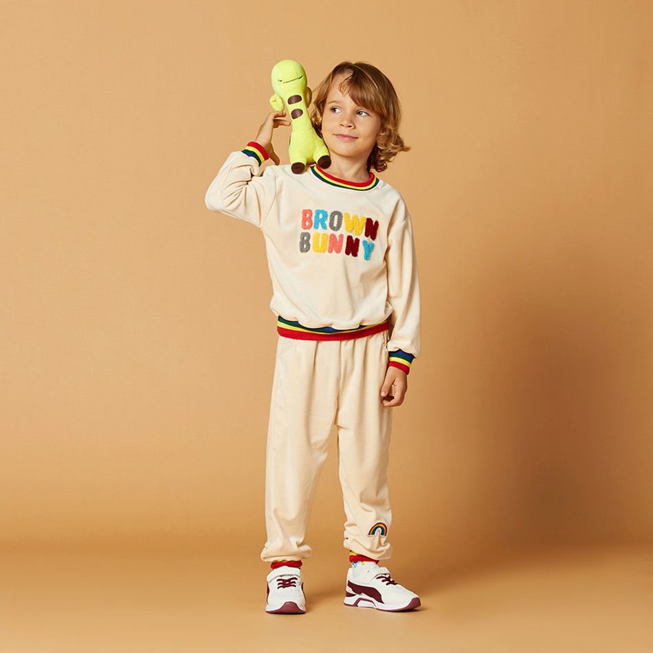 2pcs Toddler Boy Trendy Letter Terry Embroidered Striped Sweatshirt and Pants Set Beige big image 7