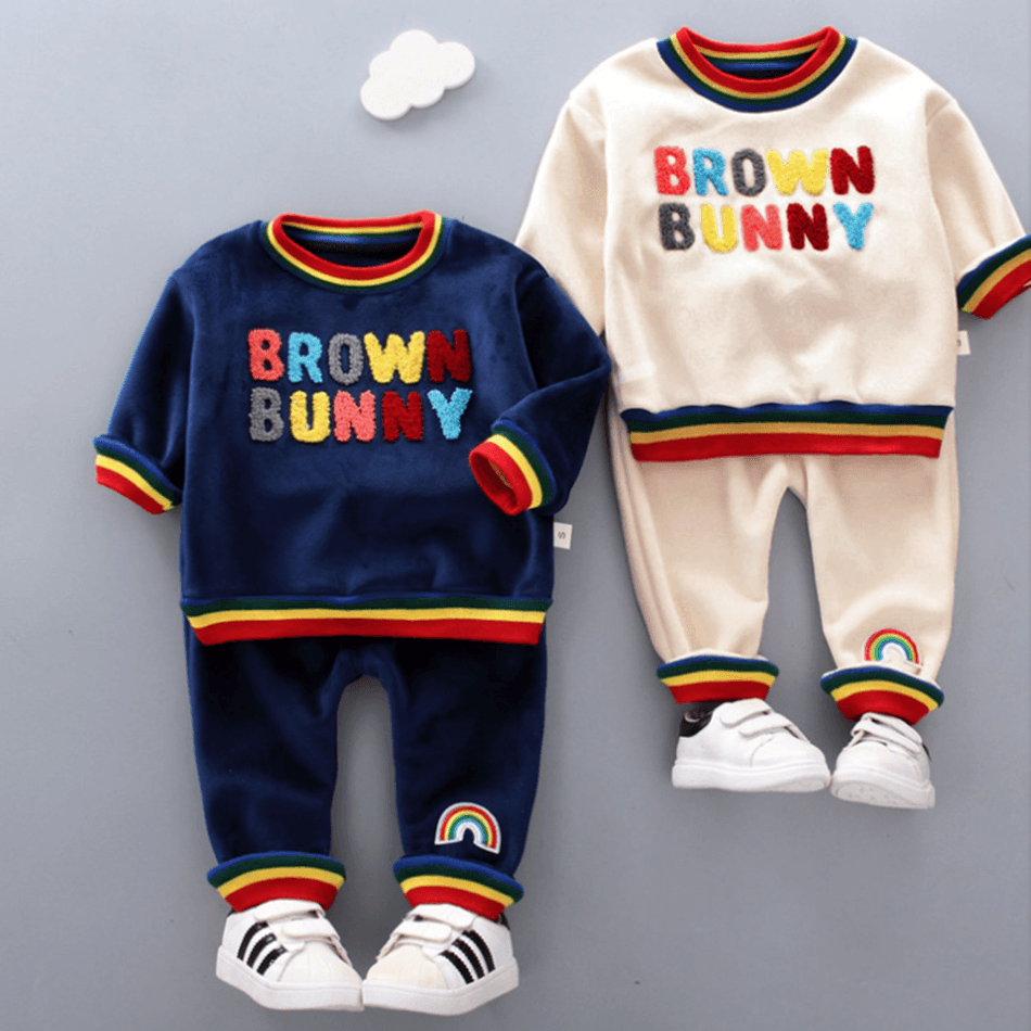 2pcs Toddler Boy Trendy Letter Terry Embroidered Striped Sweatshirt and Pants Set Beige big image 2