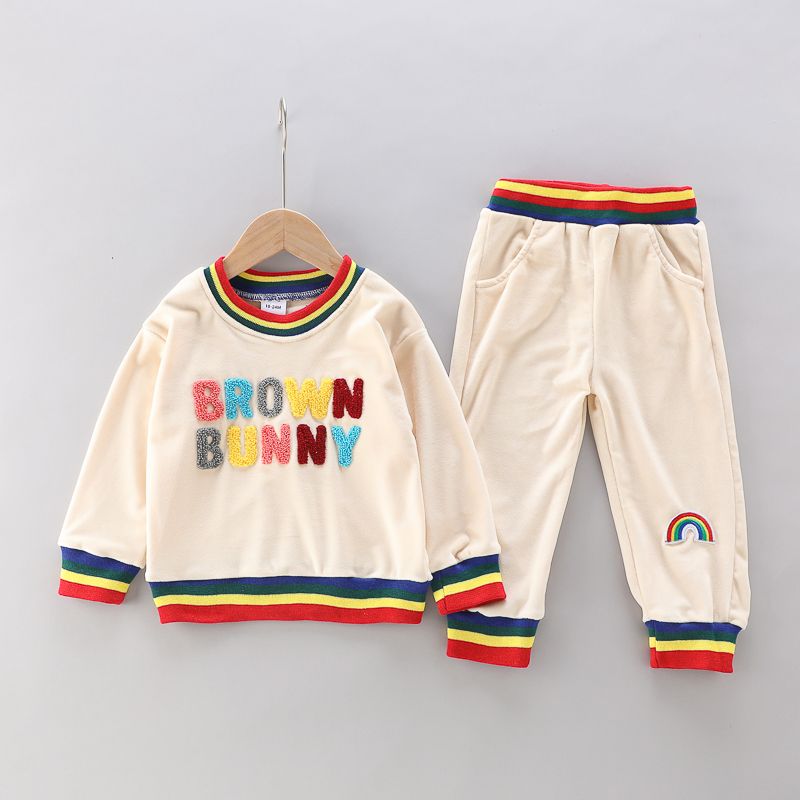 2pcs Toddler Boy Trendy Letter Terry Embroidered Striped Sweatshirt and Pants Set Beige big image 3