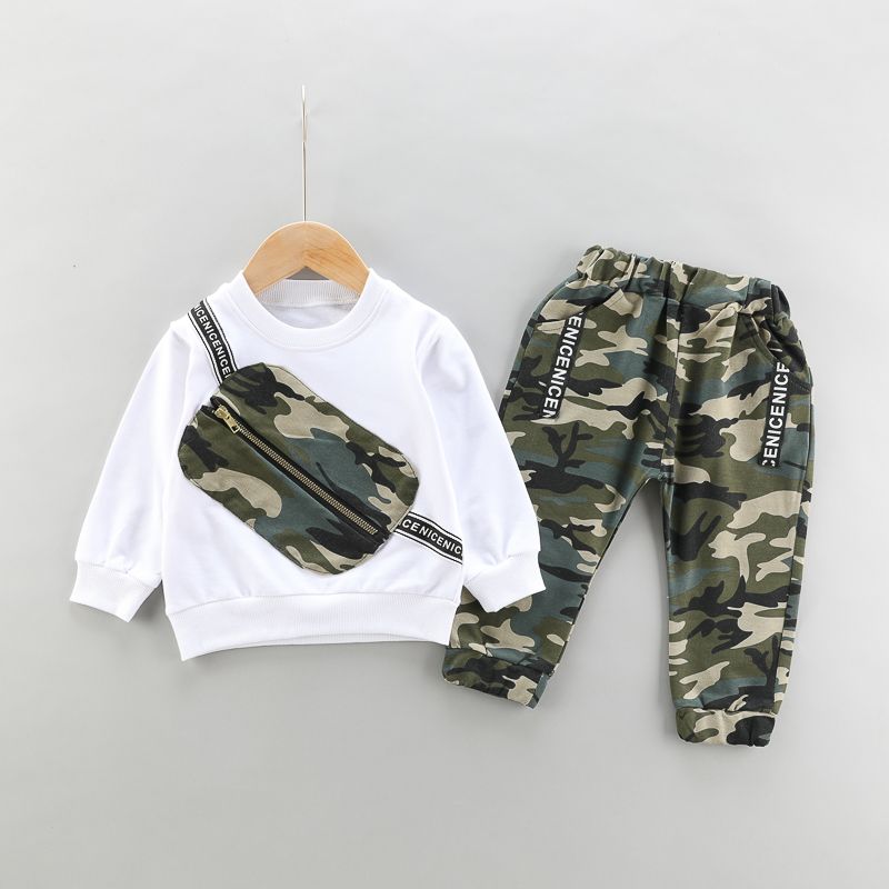 2pcs Toddler Boy Trendy Camouflage Print Bag Design Sweatshirt and Pants Set White big image 2