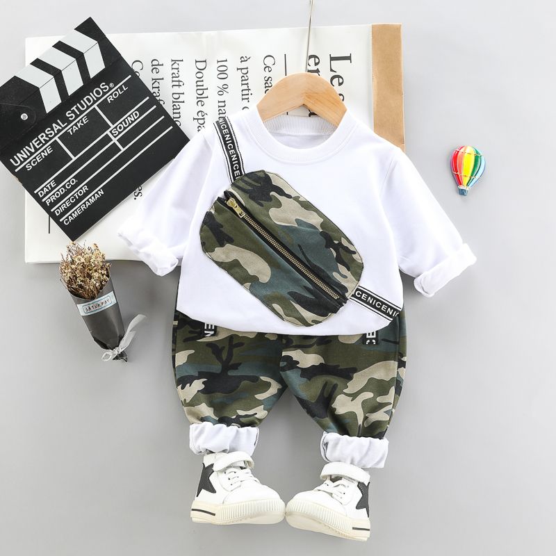 2pcs Toddler Boy Trendy Camouflage Print Bag Design Sweatshirt and Pants Set White big image 1